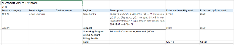 Azure Korea Central B2as v2 Linux 730시간과 E10 디스크 1개의 견적