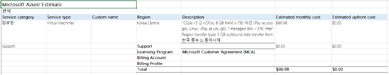 Azure Korea Central D2as v5 Linux 730시간과 E10 디스크 1개의 견적