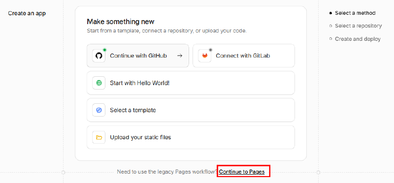 Cloudflare 애플리케이션 생성 화면 하단에서 Continue to Pages를 선택하는 위치