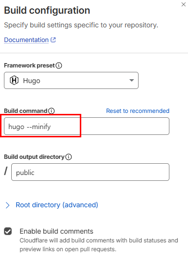 Cloudflare Pages 빌드 명령을 hugo &ndash;minify로 지정한 최종 설정