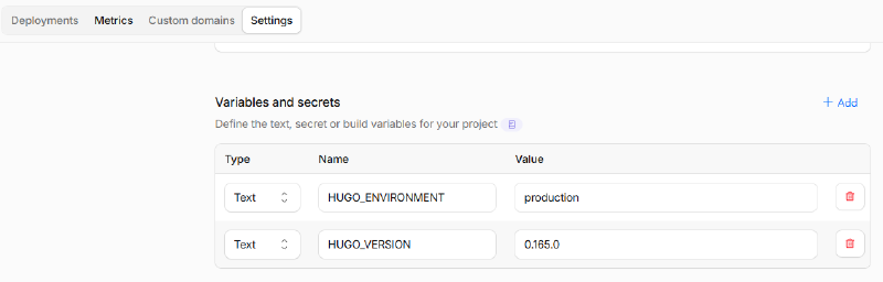 Cloudflare Pages에 HUGO_VERSION과 HUGO_ENVIRONMENT를 등록한 화면