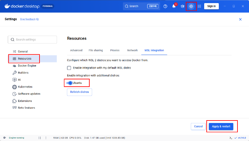 Docker Desktop의 WSL integration에서 Ubuntu를 활성화하고 Apply & restart를 적용하는 설정 화면