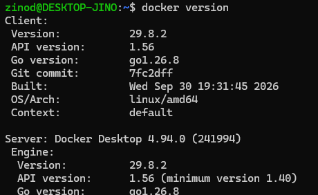 Docker Client 29.8.2와 Docker Desktop Server 정보가 모두 출력된 정상 연결 결과