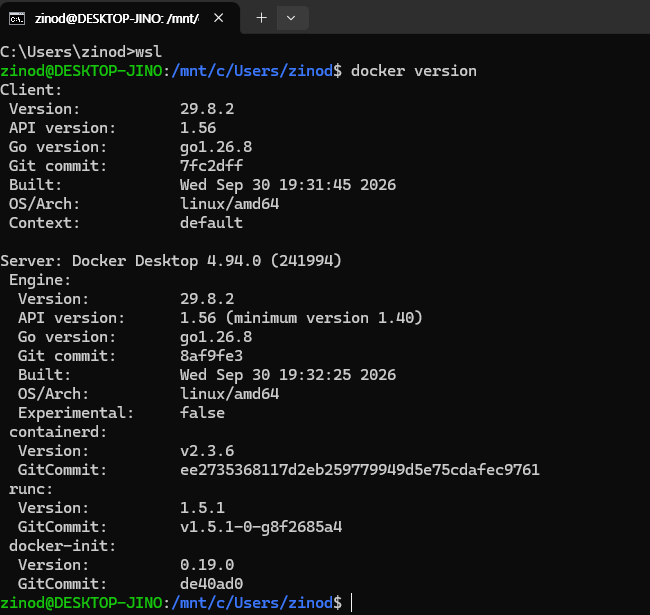 WSL Ubuntu에서 docker version을 실행해 Client와 Server 버전을 확인한 화면