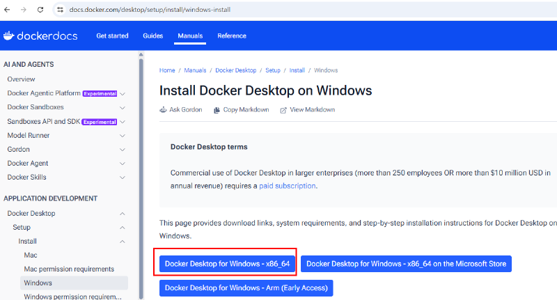 Docker 공식 설치 페이지에서 Windows x86_64 설치 파일을 다운로드하는 화면