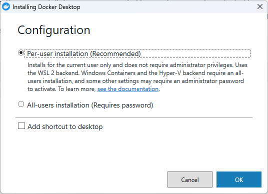 Docker Desktop 설치 화면에서 Per-user installation을 선택한 모습