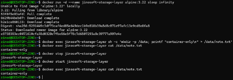 볼륨 없이 생성한 파일이 Docker 컨테이너 중지와 재시작 후에도 유지되는 실행 결과