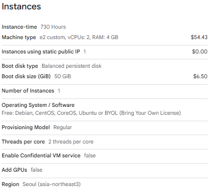 E2 커스텀 2vCPU 메모리 4GiB와 Balanced SSD 50GiB의 월 견적
