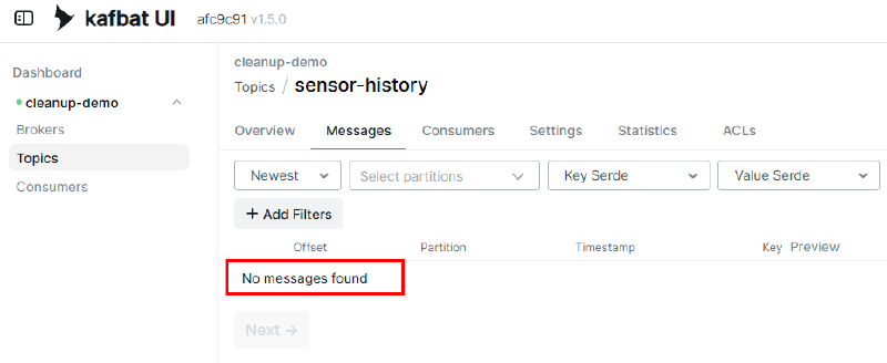 같은 sensor-history 토픽의 Messages 조회 결과에 No messages found가 표시된 화면