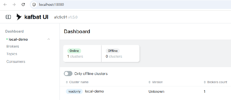 Kafbat UI Dashboard에서 local-demo 클러스터의 Online 상태와 브로커 1개를 확인한 화면
