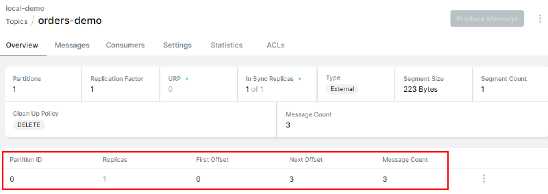 orders-demo Overview에서 파티션 0의 First Offset 0과 Next Offset 3을 확인한 화면