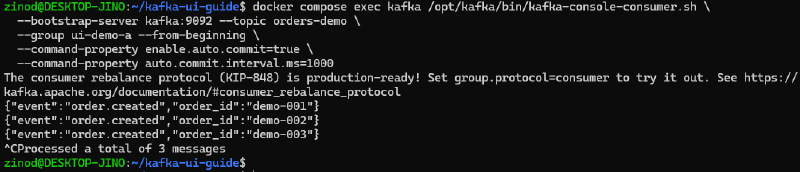 command-property 옵션을 사용해 ui-demo-a 그룹에서 메시지 3개를 읽고 Ctrl+C로 종료한 터미널