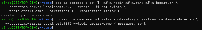 Kafka의 orders-demo 토픽을 만들고 messages.jsonl을 발행한 화면