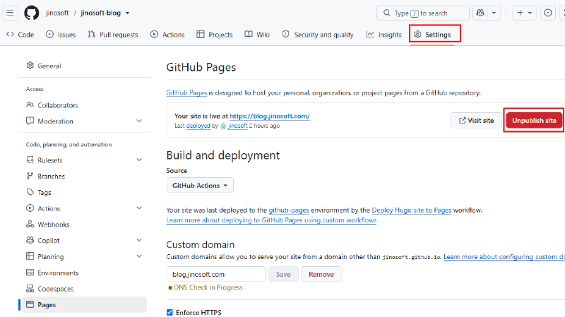 GitHub Pages 설정에서 기존 사이트 게시를 중단하는 Unpublish site 버튼