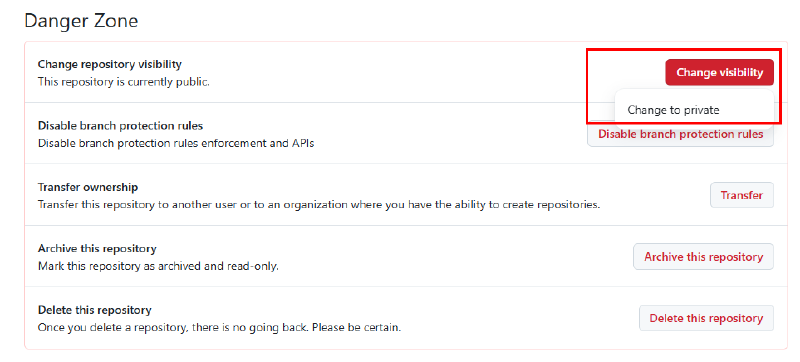 GitHub 저장소 설정에서 Change visibility와 Change to private를 선택하는 화면